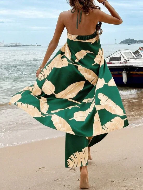 Dark Green Boho Women's Plant Print Halter Crop Top & Straight Leg Pants Set - Picture 2 of 6